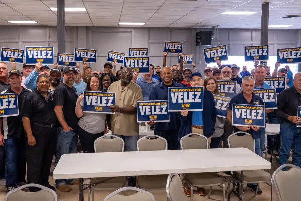 USW District 13 delegates pose for a group photo with USW District 13 Assistant Director Marco Vélez, our labor-endorsed candidate for Texas Lieutenant Governor.