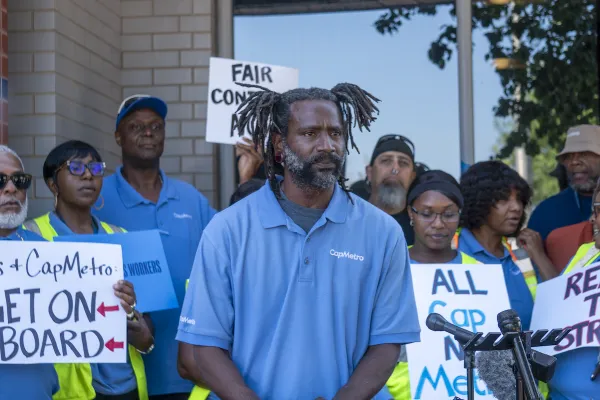 Cedric Edison, a CapMetro / Keolis bus operator and ATU Local 1091 member, speaks during a press conference on Jul. 27, 2026. Photo courtesy Texas AFL-CIO.