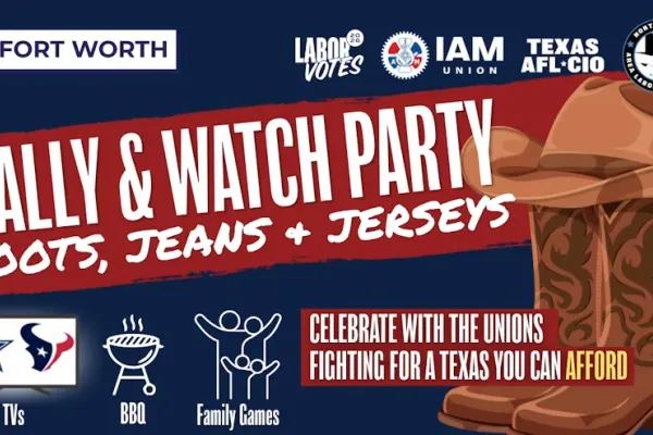 Rally and Watch Party graphic with large pair of brown boots