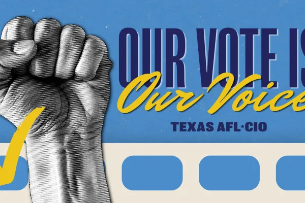 Graphic with text "Our Vote is Our Voice" and a large fist