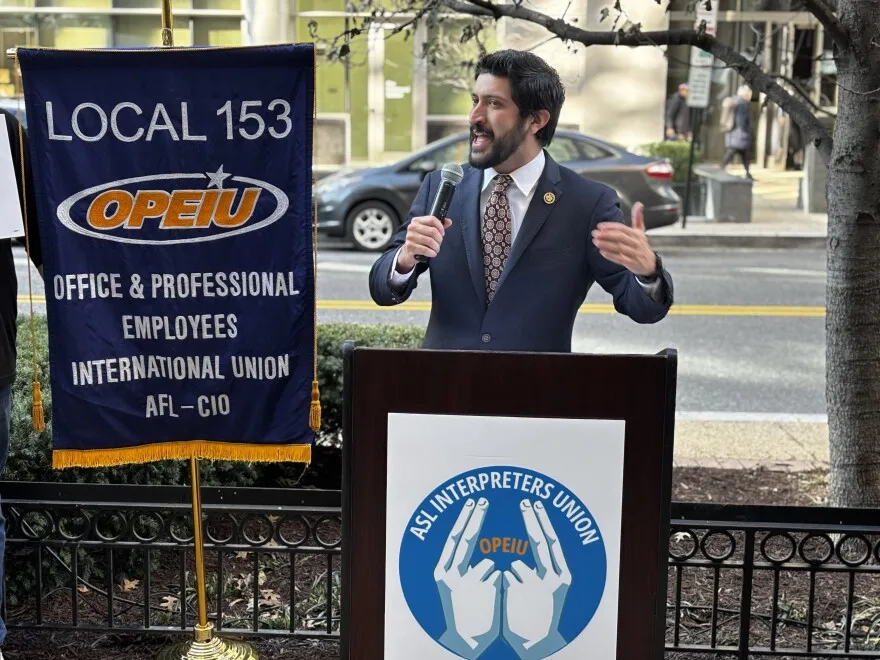 Greg Casar speaks at an ASL Interpreters Union event