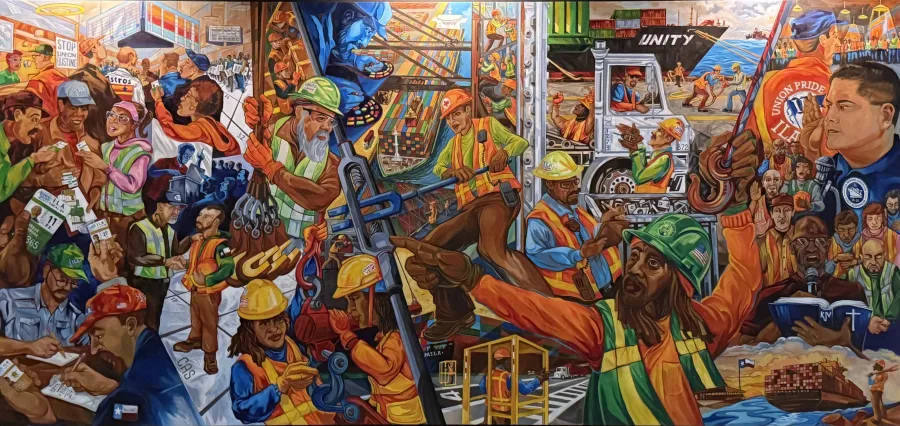 This is a photo of a new mural commissioned by the International Longshoremen's Association Local 24. It is called "Unity on the Houston Waterfront" and depicts ILA members at work.