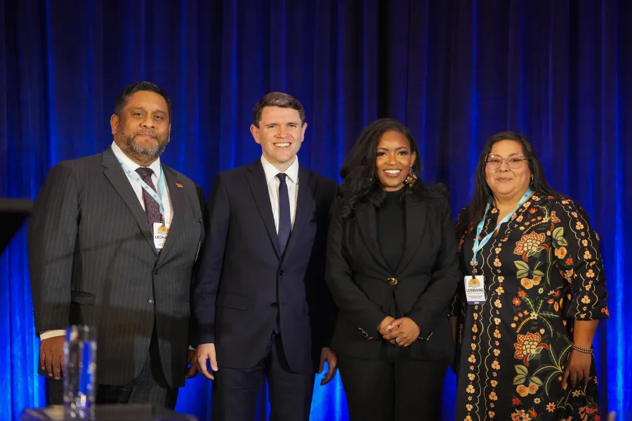 From left: Texas AFL-CIO President Leonard Aguilar, state Rep. James Talarico, and U.S. Rep. Jasmine Crockett, and Texas AFL-CIO Secretary-Treasurer Lorraine Montemayor pose for a photo following a debate at the Texas AFL-CIO COPE Convention in Georgetown, Texas on Saturday, Jan. 24, 2026. Bob Daemmrich for The Texas Tribune via POOL