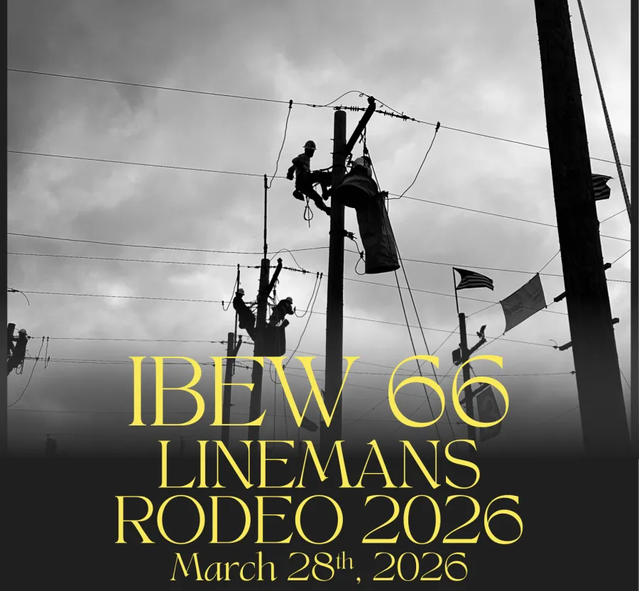Electrical linemen in silhouette above text reading "IBEW 66 LINEMANS RODEO 2026"