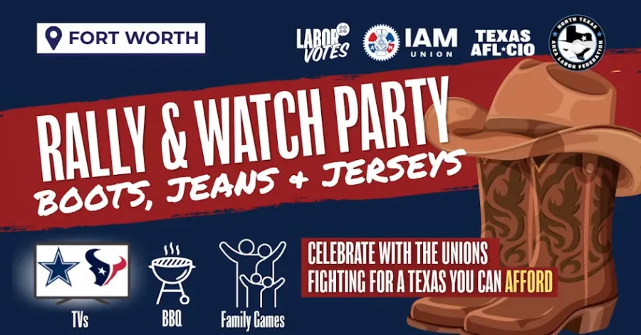Rally and Watch Party graphic with large pair of brown boots