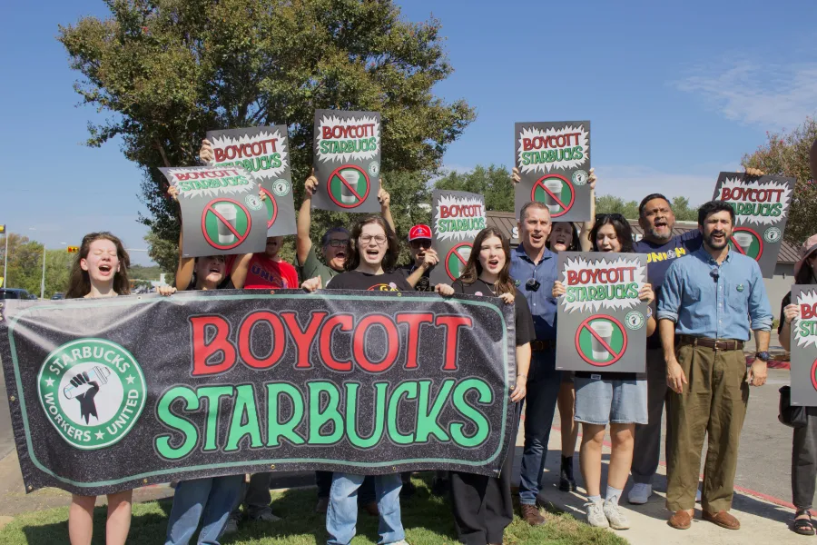 Texas AFL-CIO President Leonard Aguilar protests in solidarity with Starbucks baristas encouraging others to boycott Starbucks.
