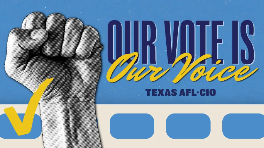 Graphic with text "Our Vote is Our Voice" and a large fist