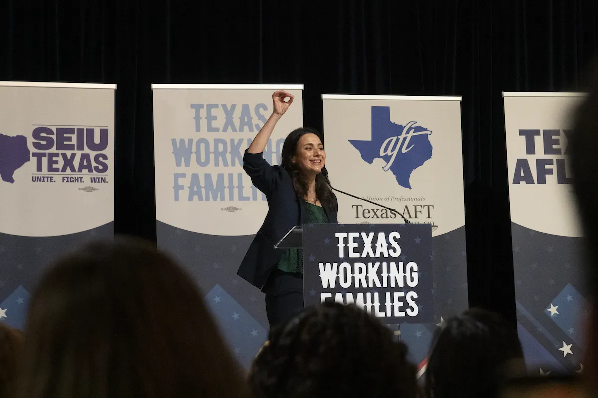 Gina Hinojosa speaks with union members in Houston