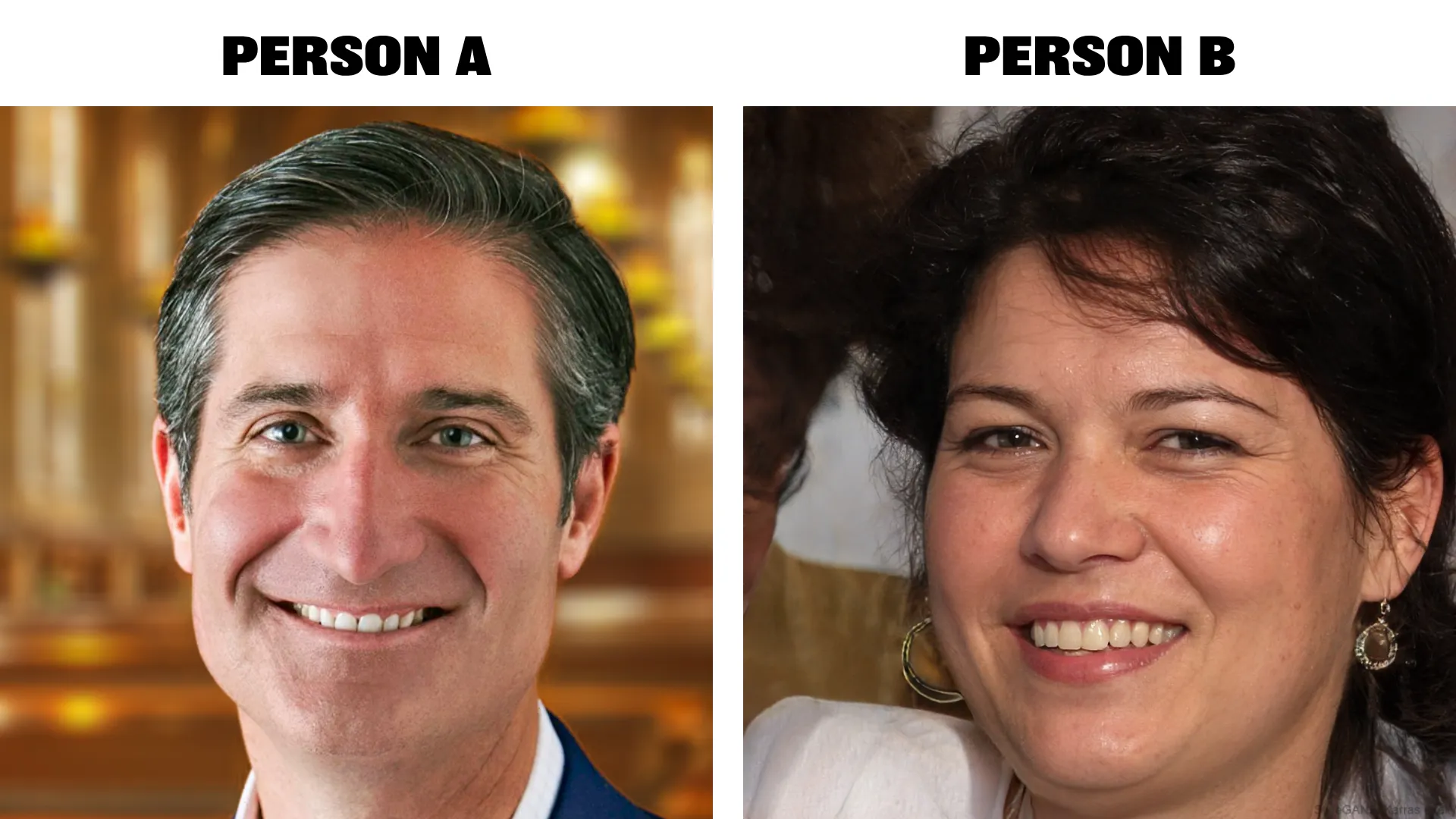 Two headshots of people. One is AI generated the other is not.