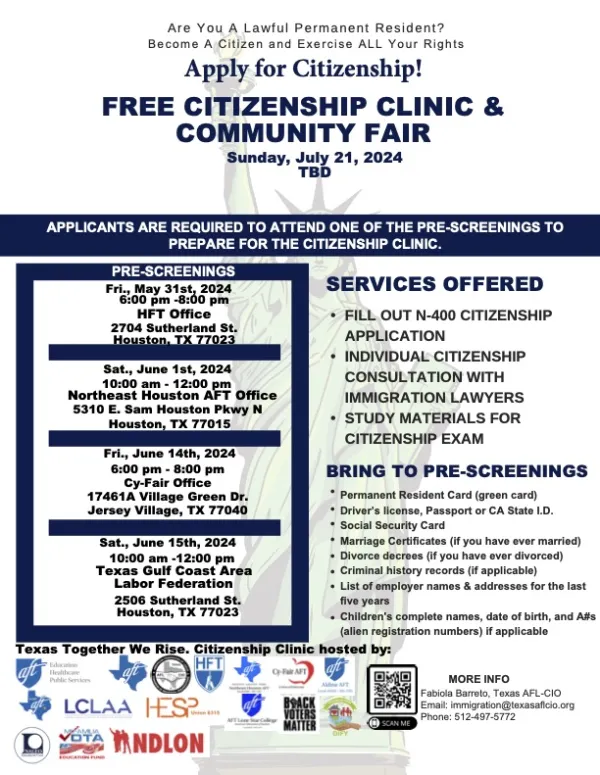 Information for the Information Sessions for the Texas AFL-CIO's Citizenship Clinic.