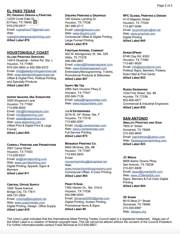 A list of union label printers.