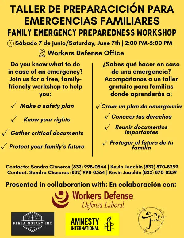 Flyer for the Workers Defense Family Emergency Preparedness Workshop taking place on June 7, from 2pm to 5pm at the Workers Defense Office in Houston.