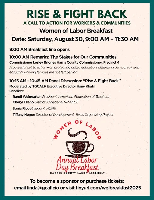 Flyer for the 2025 Women of Labor Breakfast, hosted by the Harris County Labor Assembly