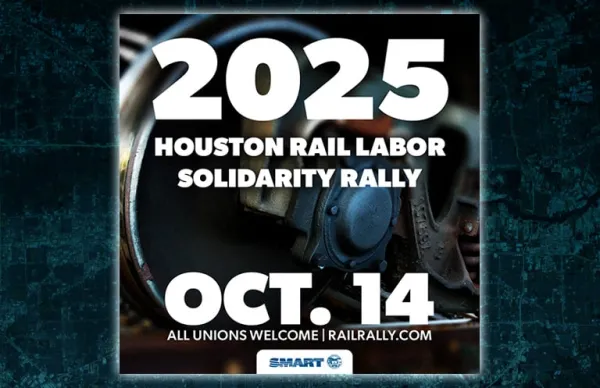 Flyer for the Houston Rail Labor Solidarity Rally on October 14