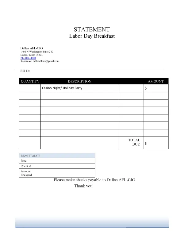 Dallas AFL-CIO Casino Night Order Form
