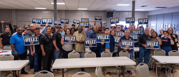 USW District 13 delegates pose for a group photo with USW District 13 Assistant Director Marco Vélez, our labor-endorsed candidate for Texas Lieutenant Governor.