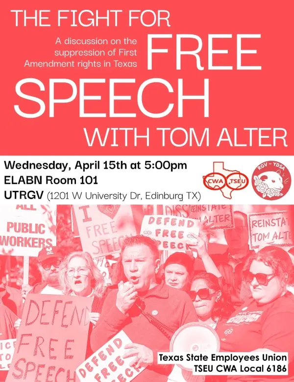 This is a flyer for Dr. Tom Alter's next stop on his Texas tour in Edinburg. This will take place on Wednesday, April 15, 2026 at 5 pm.
