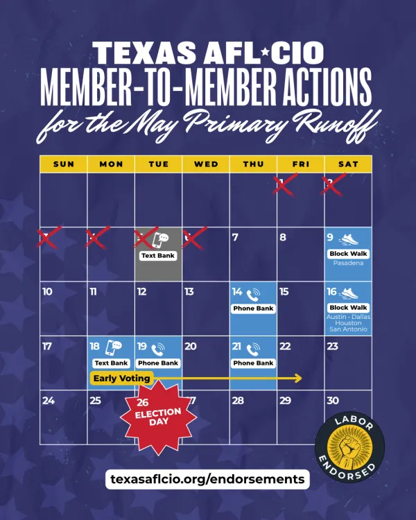 Calendar of member to member Texas AFL-CIO events, 2026